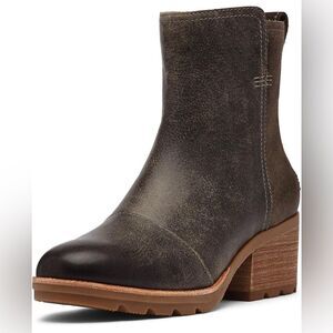 Sorel Cate Bootie Ankle Boot Leather Block Heel Major Brown. 7